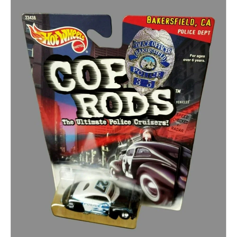 1999 Hot Wheels TAIL DRAGGER White & Back Cop Rods Bakersfield CA Police Cruiser